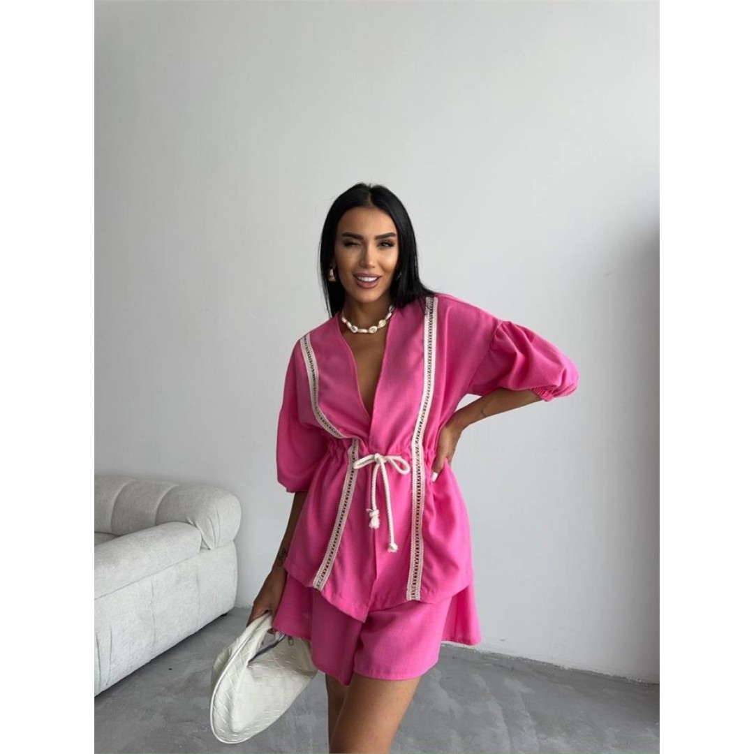 KETEN BEL BÜZGÜLÜ BLUZ-PANTOLON TAKIM - Fuşya 152266 KETEN BEL BÜZGÜLÜ BLUZ-PANTOLON TAKIM - Fuşya 152266