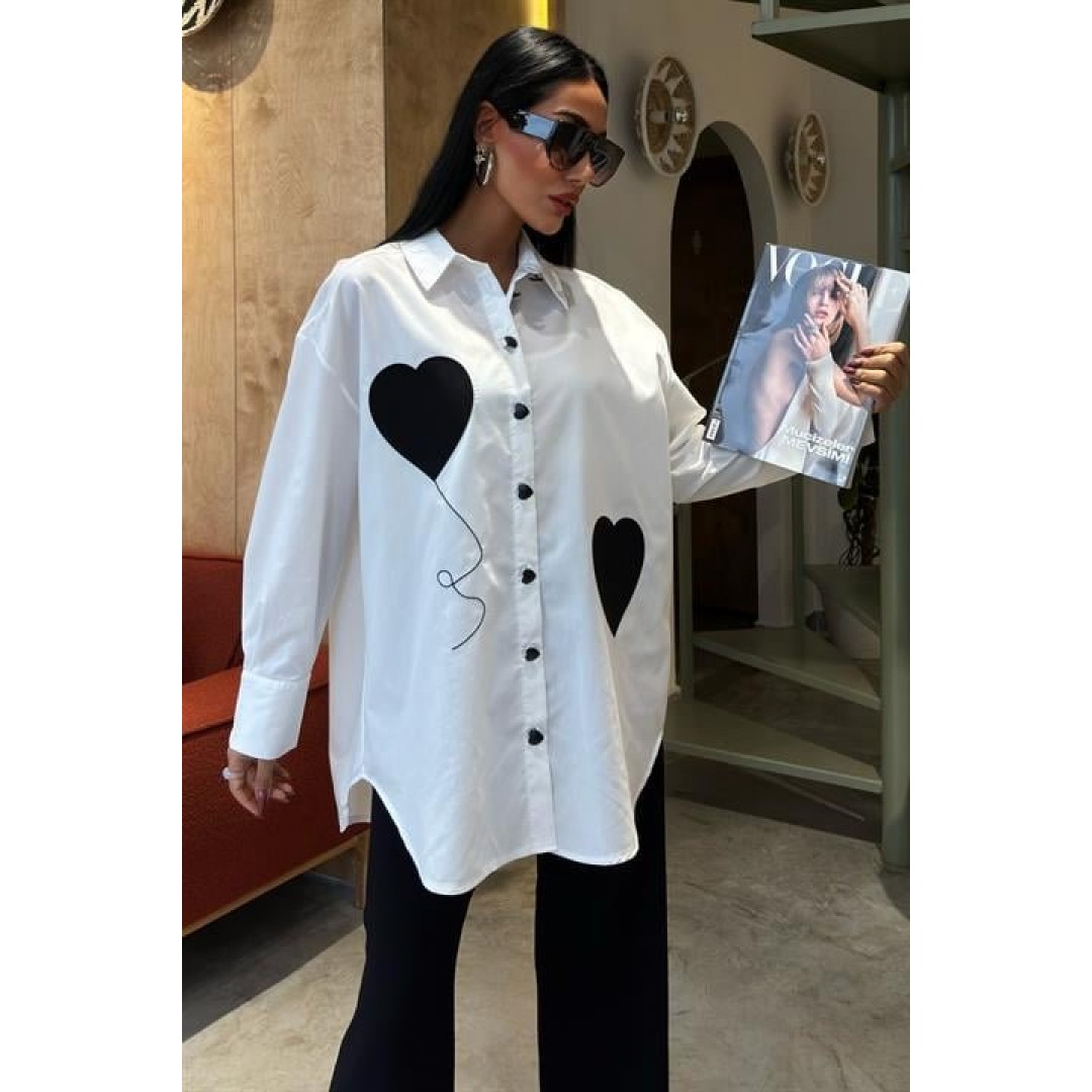 Kalp Nakışlı Ve Düğme Detaylı Oversize Gömlek 3430 158456