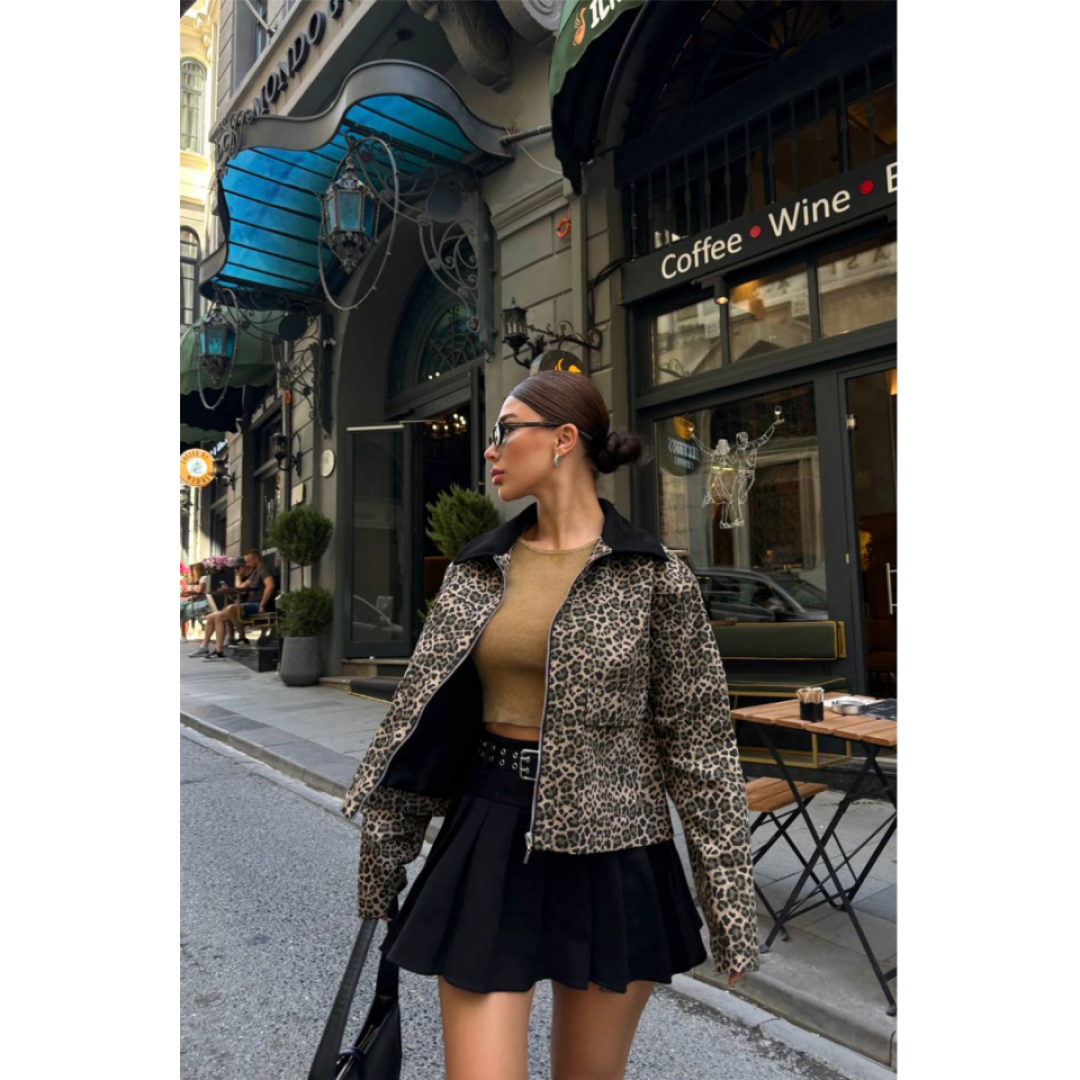 LEOPAR DESEN CROP CEKET GABARDİN - Leopar