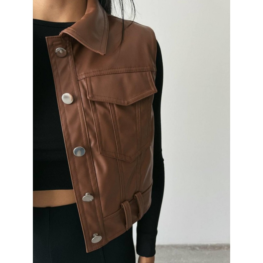 DERİ CROP YELEK - Kahverengi 150465 DERİ CROP YELEK - Kahverengi 150465