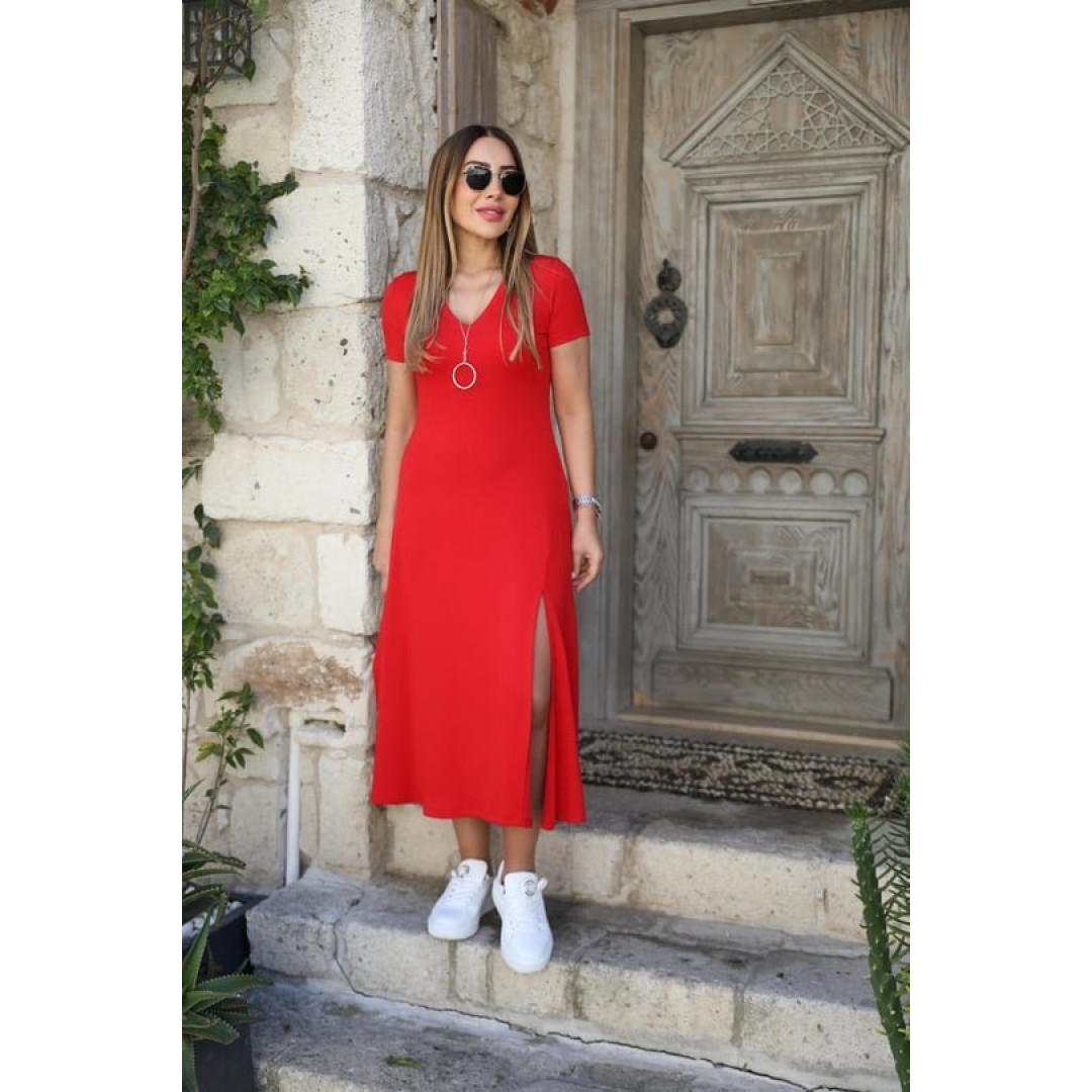 Kadın Kısa Kollu V Yaka Maxi Boy Elbise 124 Cm - 54826 Kadın Kısa Kollu V Yaka Maxi Boy Elbise 124 Cm - 54826
