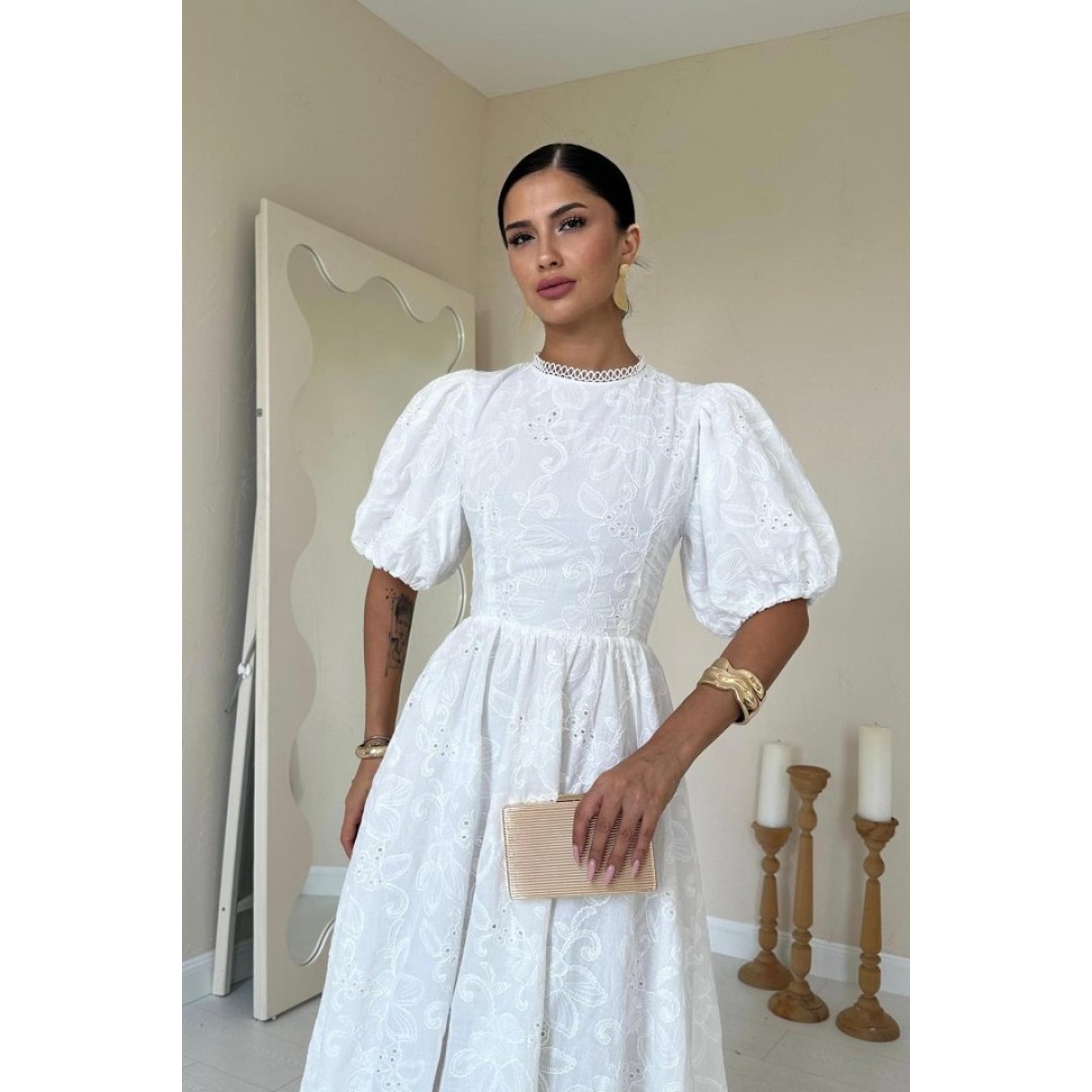 Beyaz Arkası Bağlamalı Brode Elbise 158013 Beyaz Arkası Bağlamalı Brode Elbise 158013