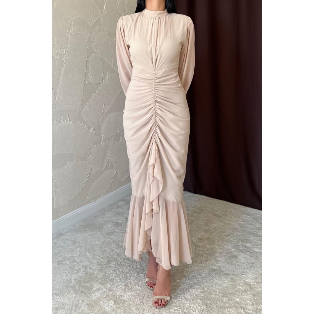Bej Önü Büzgülü Şifon Elbise - 152313 Bej Önü Büzgülü Şifon Elbise - 152313