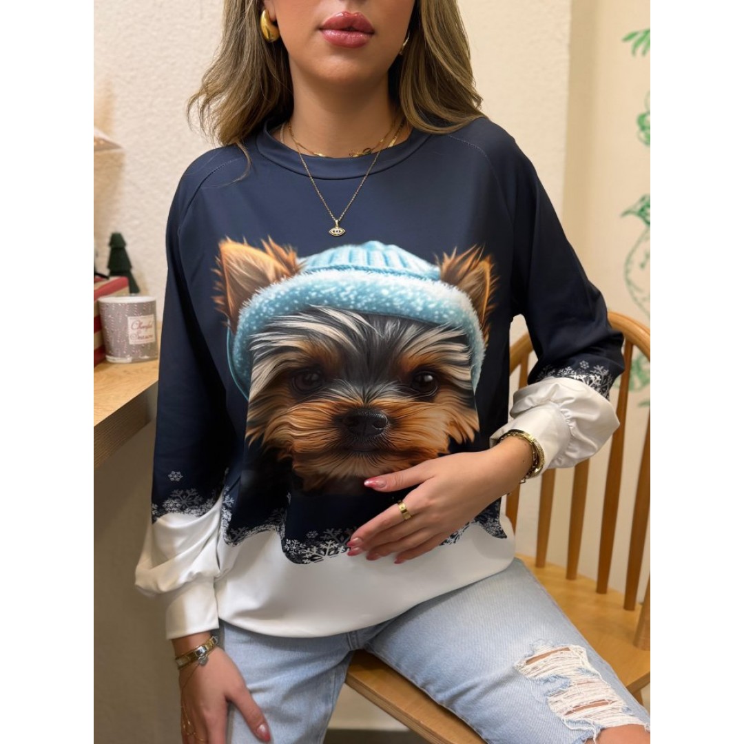 Kadın Uzun Kollu Bisiklet Yaka Köpek Baskılı şardonlu Dalgıç Bluz - 135599 Kadın Uzun Kollu Bisiklet Yaka Köpek Baskılı şardonlu Dalgıç Bluz - 135599