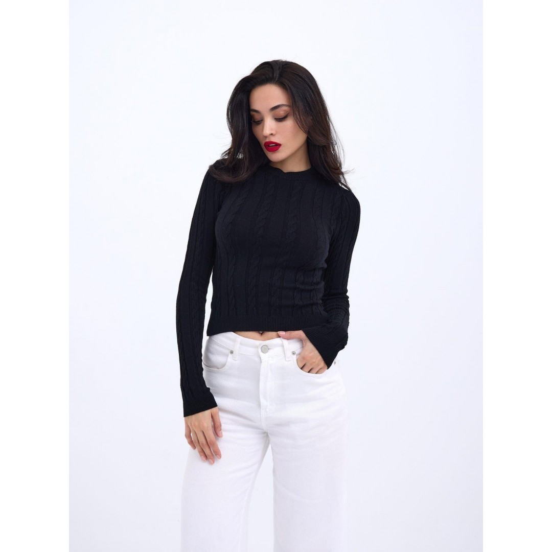 42491 TRİKO SAÇ ÖRGÜ CROP KAZAK-SİYAH 144000