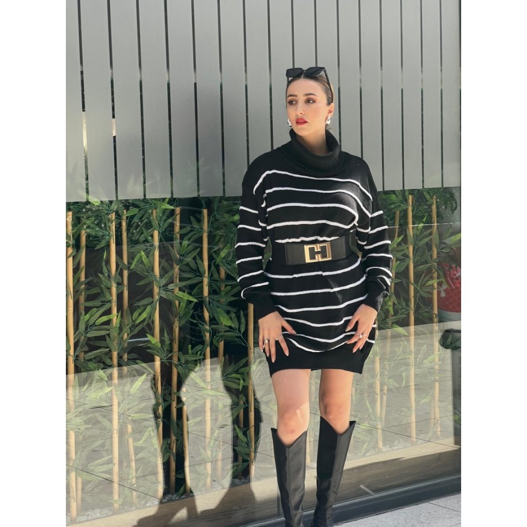 Kadın Uzun Kollu Degaje Yaka çizgili Sonya Iplik Mini Boy Triko Elbise (kemersiz) - 134005 Kadın Uzun Kollu Degaje Yaka çizgili Sonya Iplik Mini Boy Triko Elbise (kemersiz) - 134005