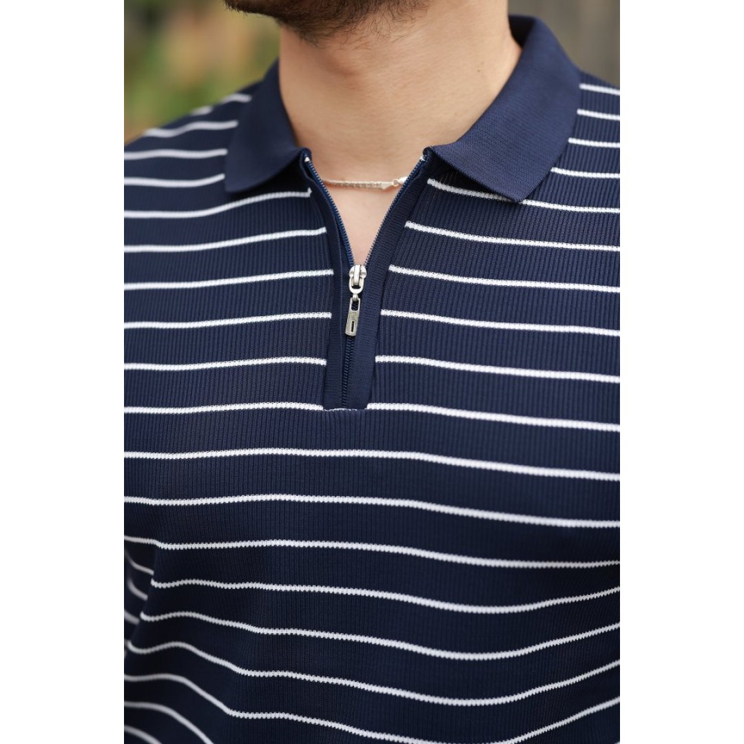 Erkek Fermuar Yakalı çizgili Kısa Kollu T-shirt 160697