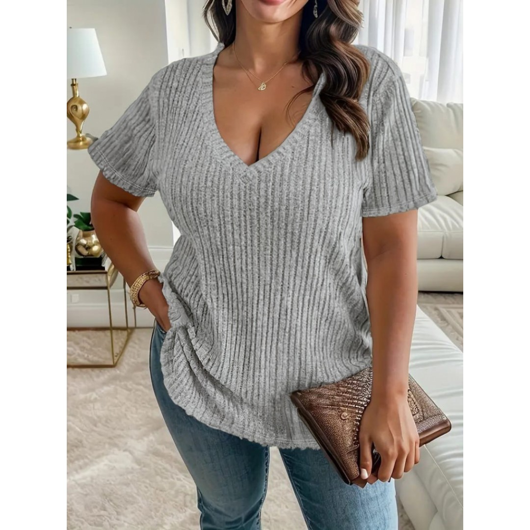 Kadın Kısa Kollu V Yaka Fitilli Kaşkorse Bluz - 156305 Kadın Kısa Kollu V Yaka Fitilli Kaşkorse Bluz - 156305