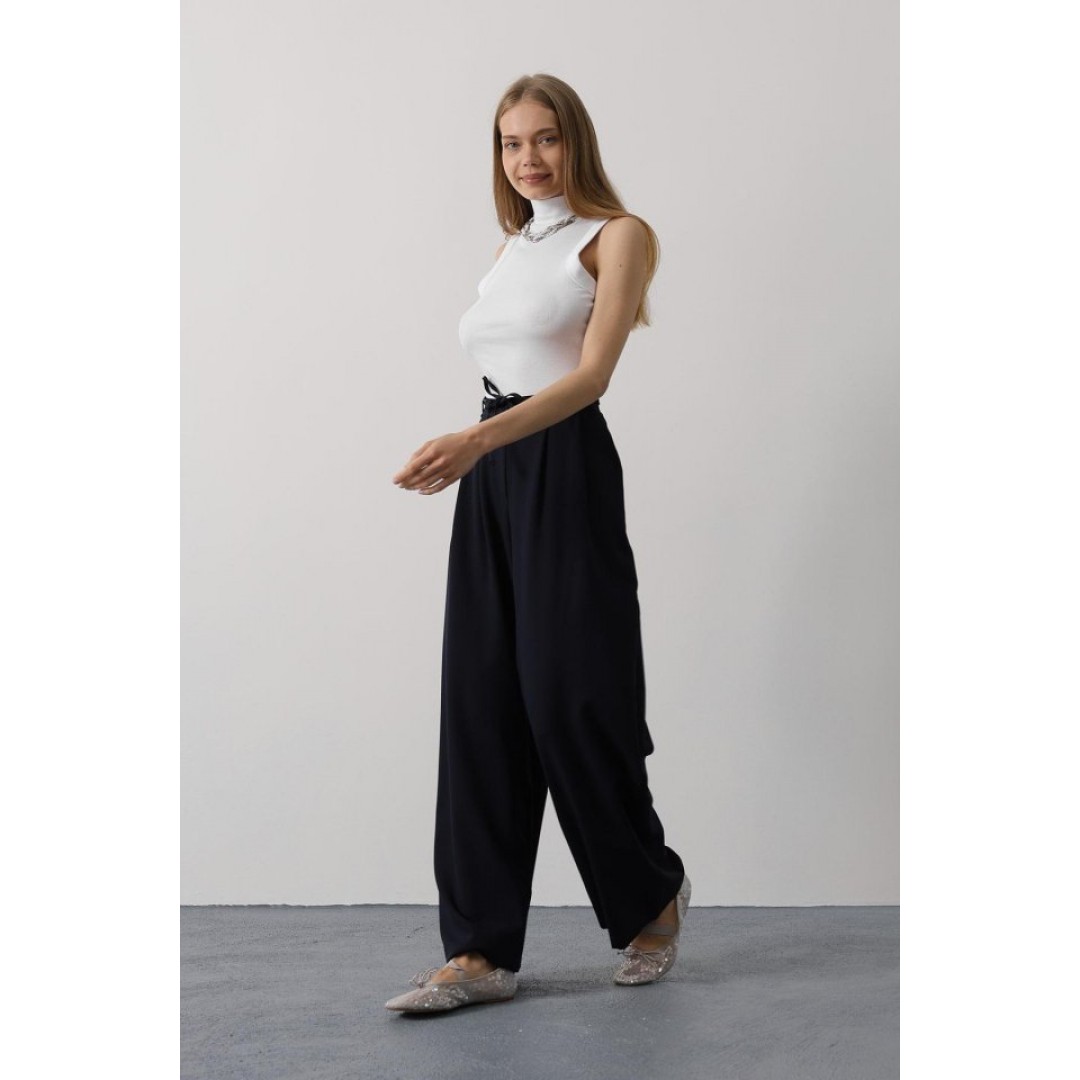 Pileli Bağcıklı Oversize Pantolon - Lacivert