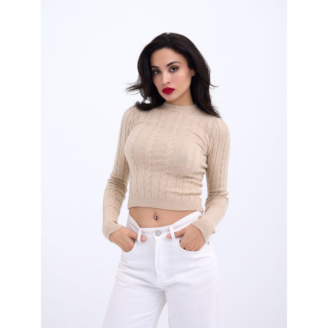 42491 TRİKO SAÇ ÖRGÜ CROP KAZAK-VİZON
