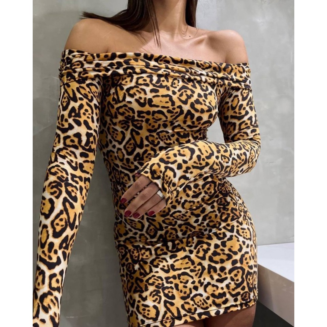 Kadın Madonna Mendil Yaka Leopar Desen Mini Elbise - 133873 Kadın Madonna Mendil Yaka Leopar Desen Mini Elbise - 133873