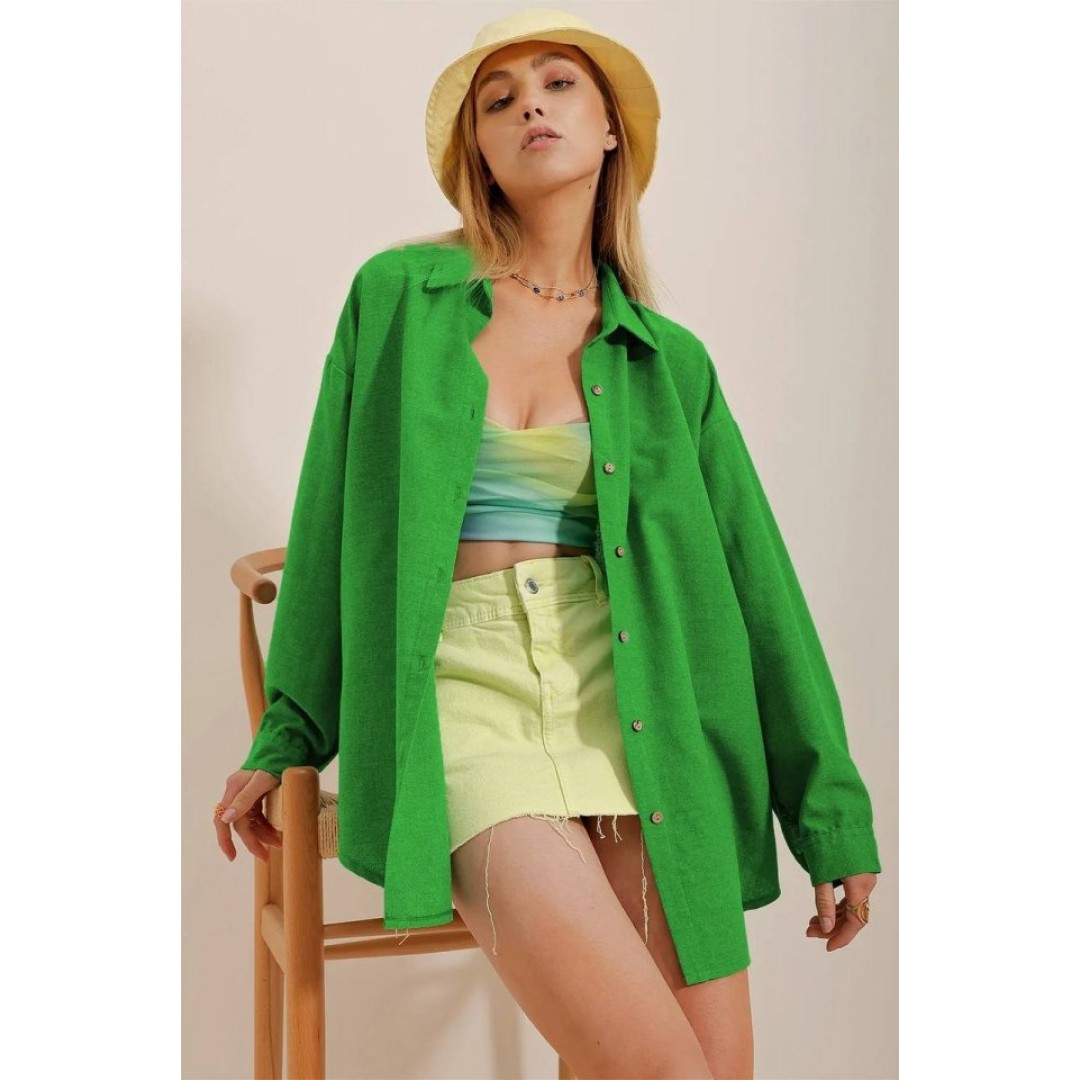 Kadın Keten Kumaş Oversize Gömlek - 159583 Kadın Keten Kumaş Oversize Gömlek - 159583