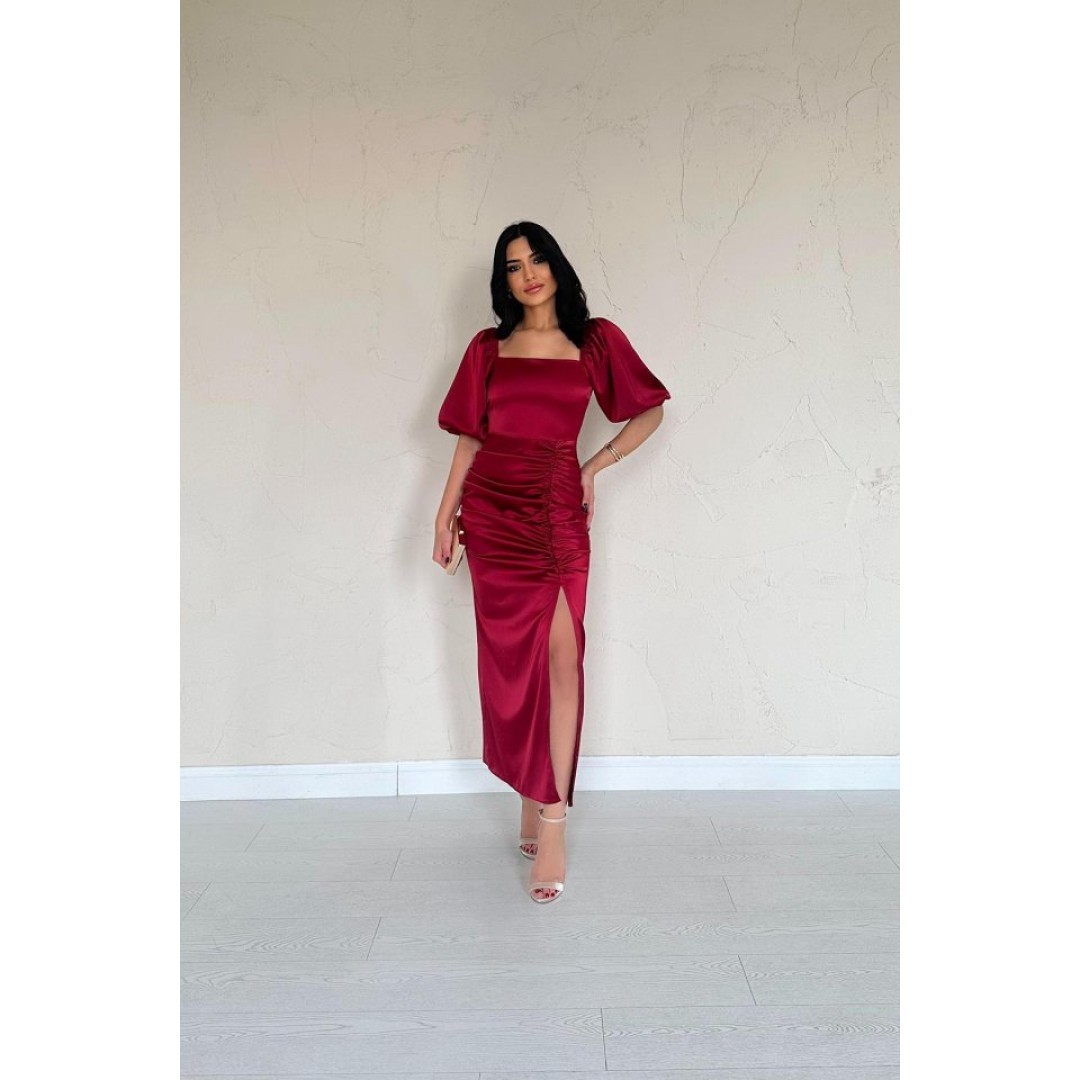 Bordo Büzgülü Saten Elbise 154601 Bordo Büzgülü Saten Elbise 154601