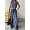 TENCEL CROP KOLSUZ GÖMLEK - PANTOLON TAKIM - İndigo - 160811 TENCEL CROP KOLSUZ GÖMLEK - PANTOLON TAKIM - İndigo - 160811