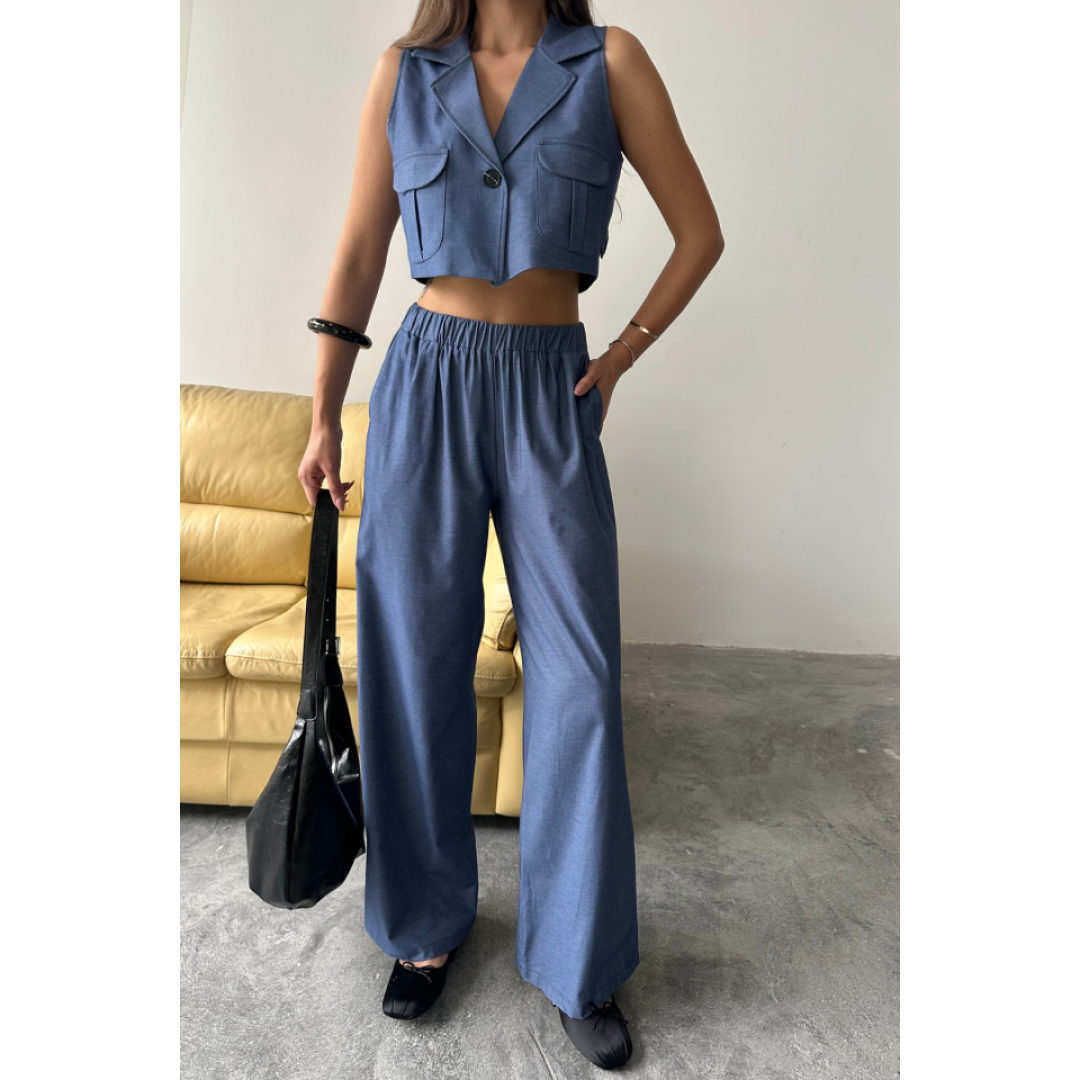 TENCEL CROP KOLSUZ GÖMLEK - PANTOLON TAKIM - İndigo - 160811 TENCEL CROP KOLSUZ GÖMLEK - PANTOLON TAKIM - İndigo - 160811