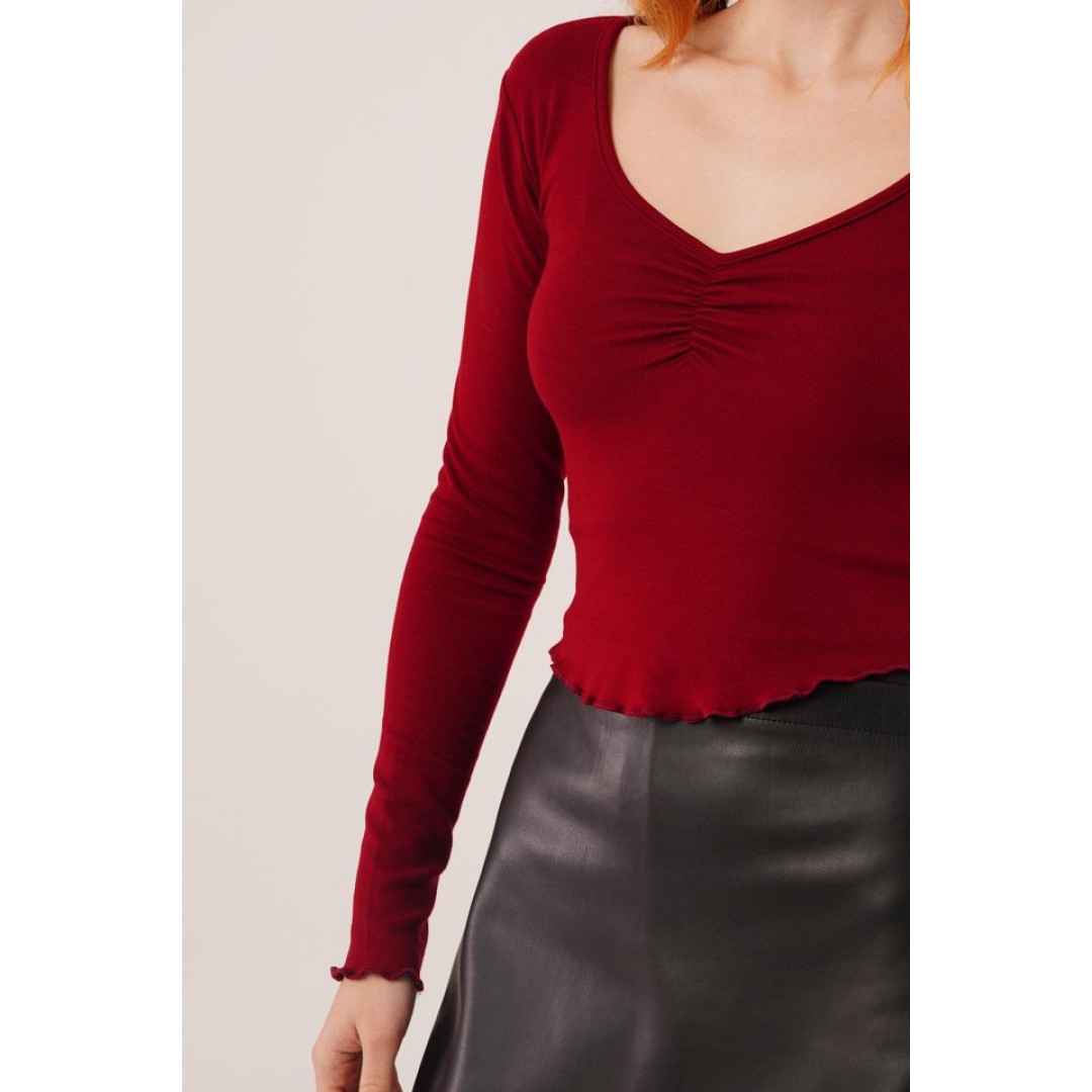 Geniş Yaka Bordo Basic Body Bluz 148076