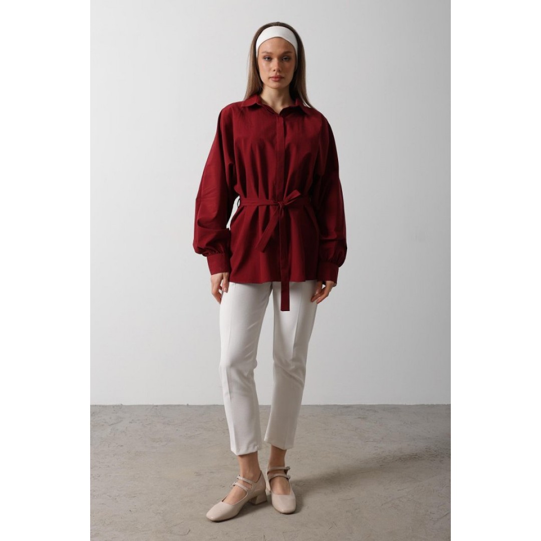 Bel Detaylı Gömlek - Bordo - 154225