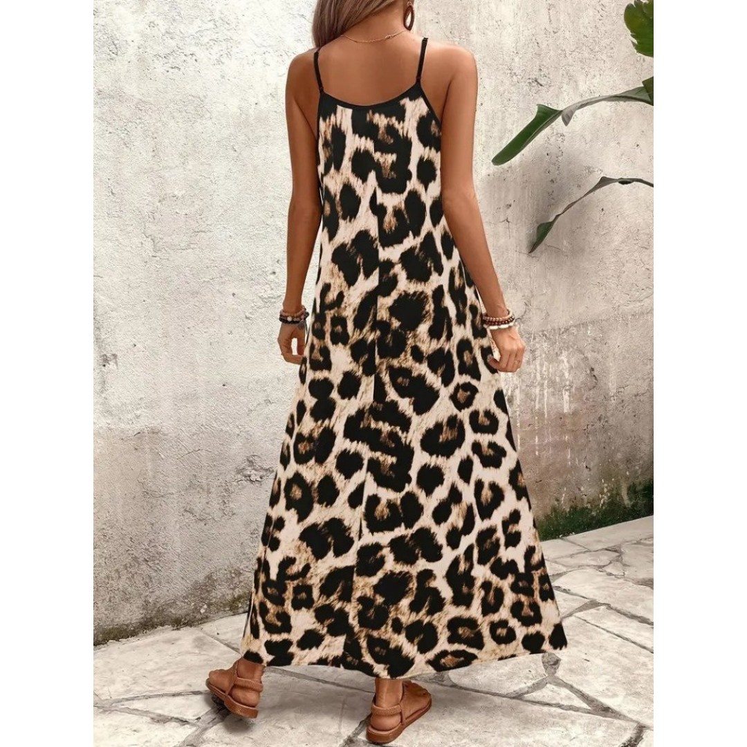 Kadın Ip Askılı Geniş V Yakalı Leopar Desenli Süprem Elbise 163768