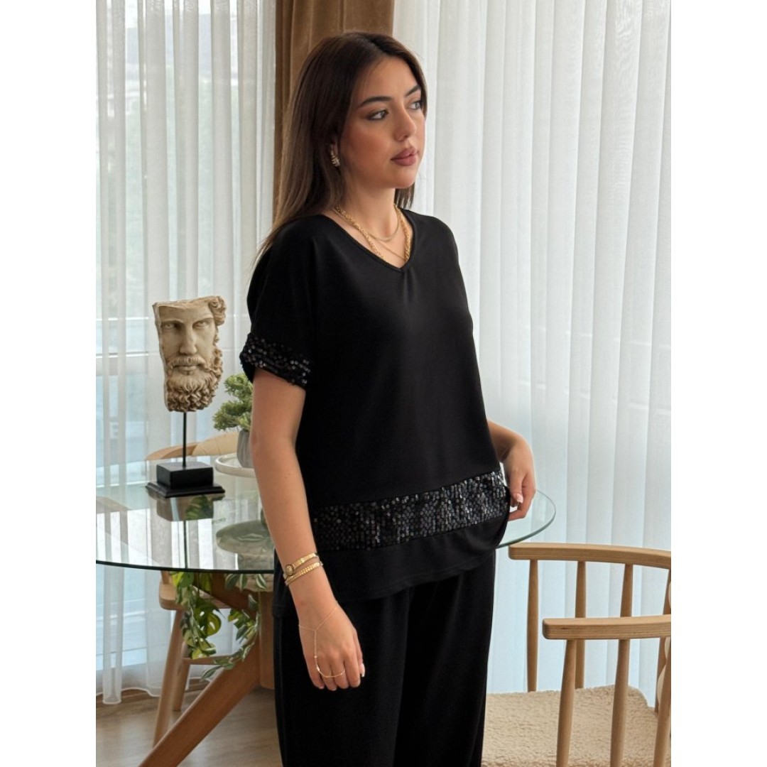Kadın Kısa Kollu V Yakalı Pul Payetli Viskon Iki Iplik Bluz Ve Pantolon Ikili Takım 162795