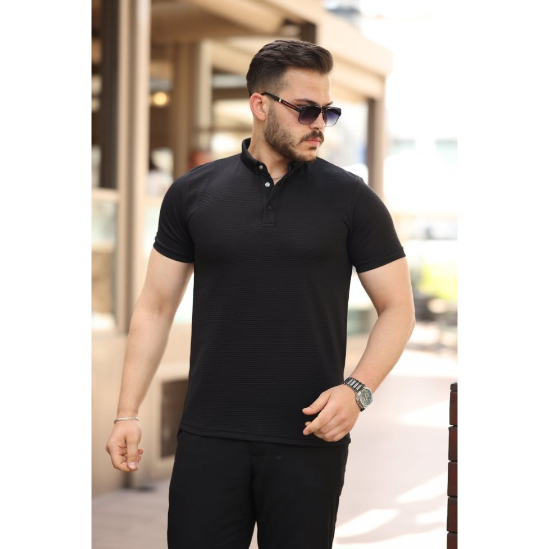 Erkek çizgi Dokulu çıtçıt Yakalı Kısa Kollu T-shirt