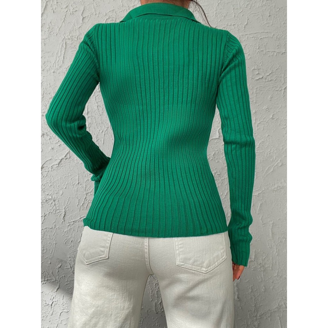 Kadın Yeşil Polo Yaka Parmak Detay Triko Bluz 2047 135562 Kadın Yeşil Polo Yaka Parmak Detay Triko Bluz 2047 135562