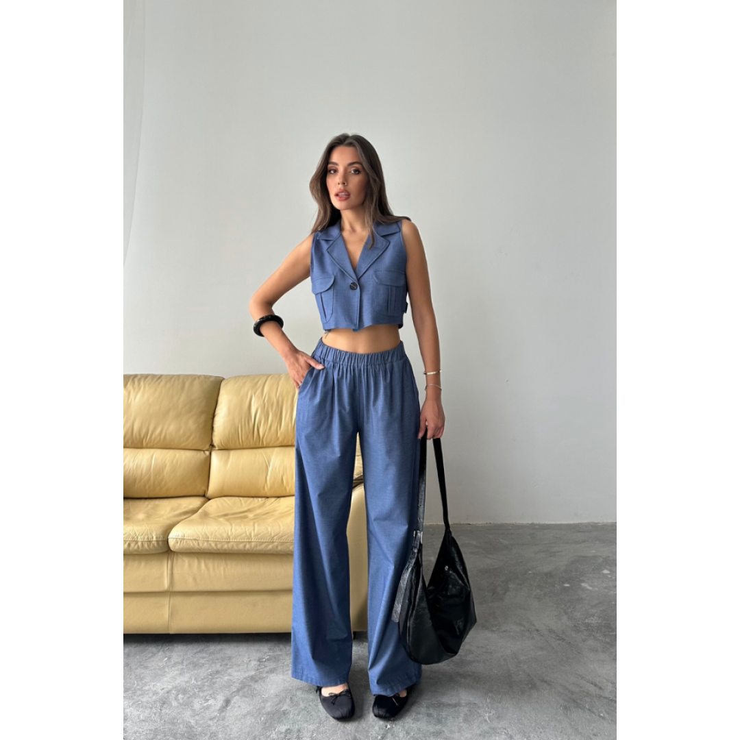 TENCEL CROP KOLSUZ GÖMLEK - PANTOLON TAKIM - İndigo - 160811 TENCEL CROP KOLSUZ GÖMLEK - PANTOLON TAKIM - İndigo - 160811