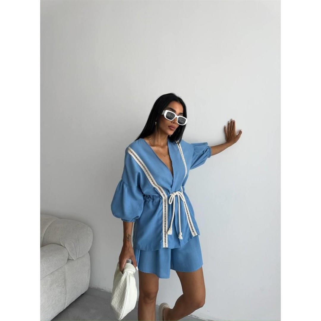 KETEN BEL BÜZGÜLÜ BLUZ-PANTOLON TAKIM - Mavi 150082 KETEN BEL BÜZGÜLÜ BLUZ-PANTOLON TAKIM - Mavi 150082