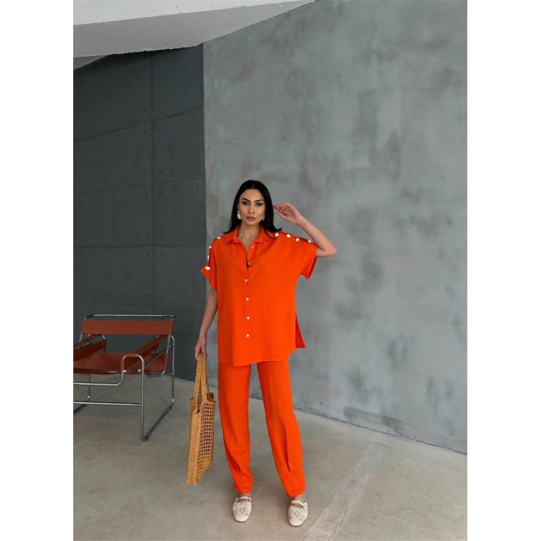 OMUZ MİDYE SIRALI BLUZ - PAÇA PENSLİ PANTOLON TAKIM - Orange