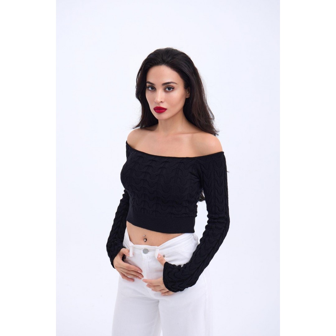 42241 TRİKO KAYIK YAKA CROP-SİYAH 143850