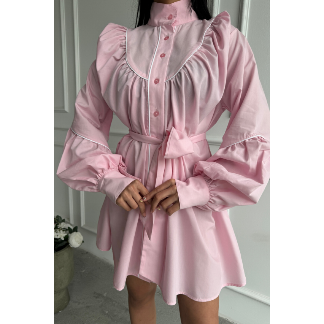 ÖNDEN DÜĞMELİ POPLİN KLOŞ ELBİSE BAĞLAMA KEMER DETAYLI - Pembe - 153783