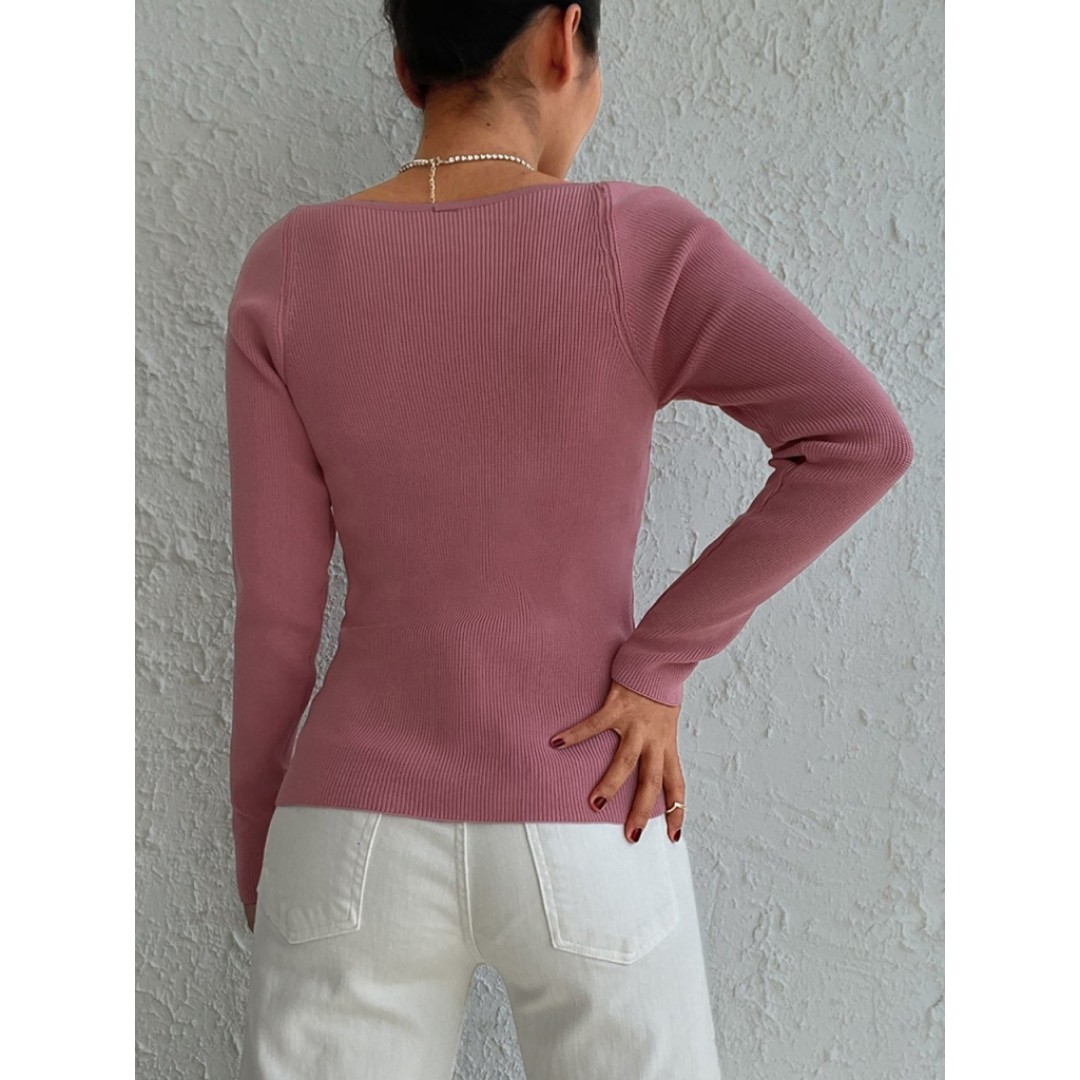 Kadın Pembe Dekolteli Kare Yaka Triko Bluz - 131969 Kadın Pembe Dekolteli Kare Yaka Triko Bluz - 131969