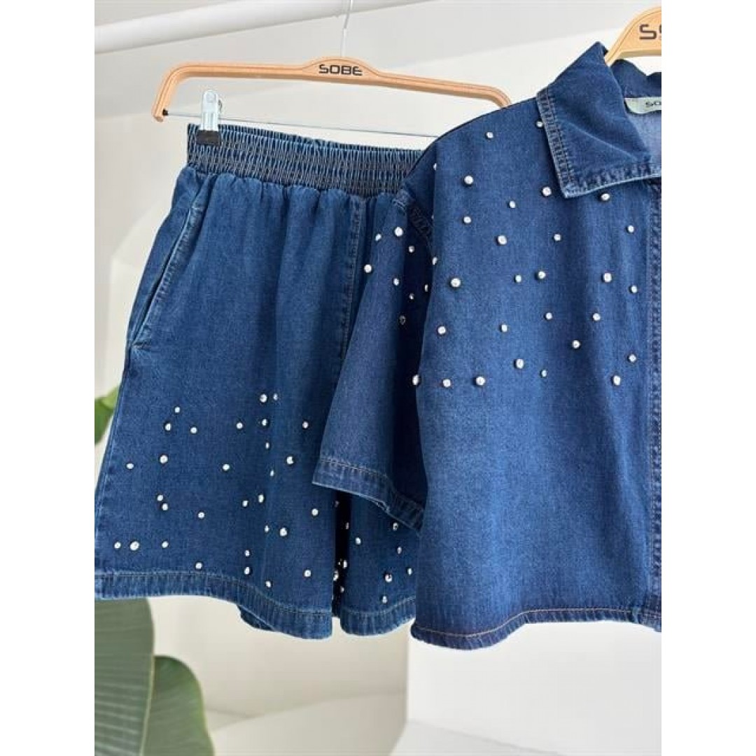 Taş Detaylı Gömlek Şort Denim Takım 10175 159450 Taş Detaylı Gömlek Şort Denim Takım 10175 159450