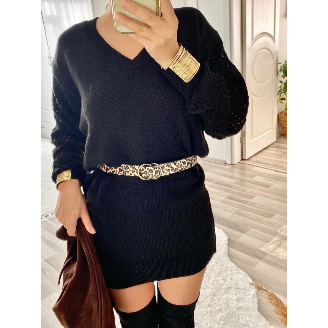 Kadın Uzun Kollu V Yakalı Mini Triko Elbise - 132903 Kadın Uzun Kollu V Yakalı Mini Triko Elbise - 132903