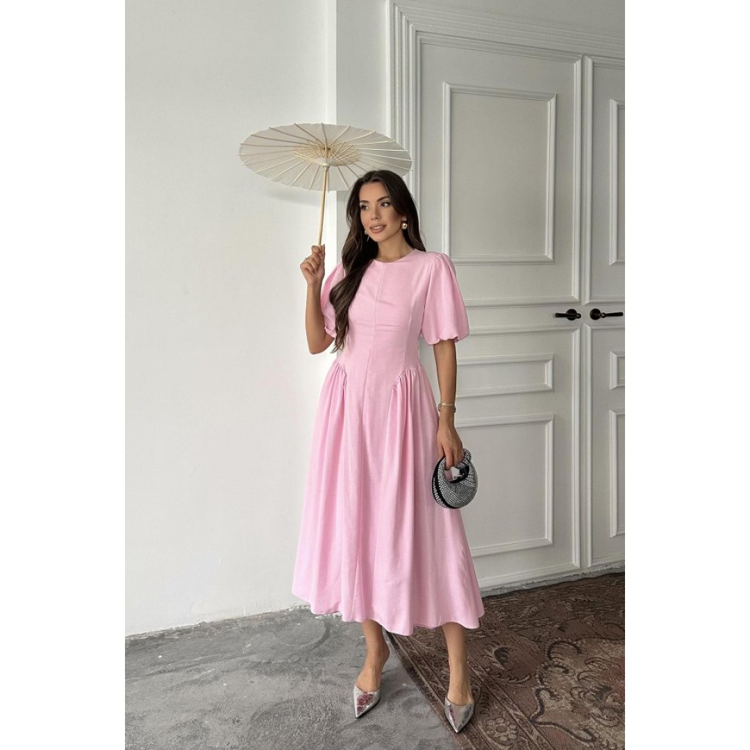 Pembe Arkadan Bağlamalı Büzgülü Keten Elbise 161943 Pembe Arkadan Bağlamalı Büzgülü Keten Elbise 161943