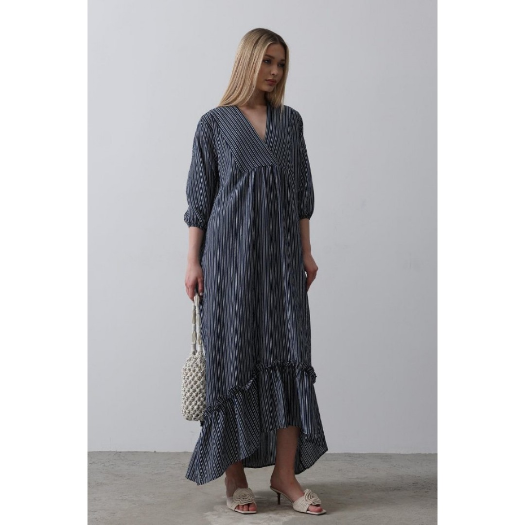 Çizgili Oversize V Yaka Elbise - Lacivert - 154466 Çizgili Oversize V Yaka Elbise - Lacivert - 154466