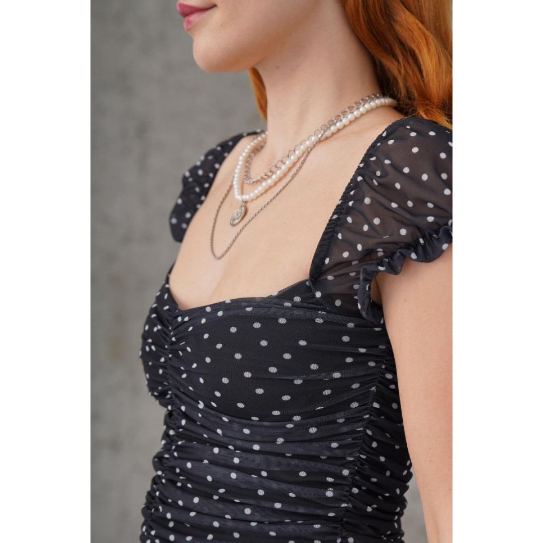 Puantiyeli Belden Oturtmalı Tül Siyah Bluz 149601 Puantiyeli Belden Oturtmalı Tül Siyah Bluz 149601