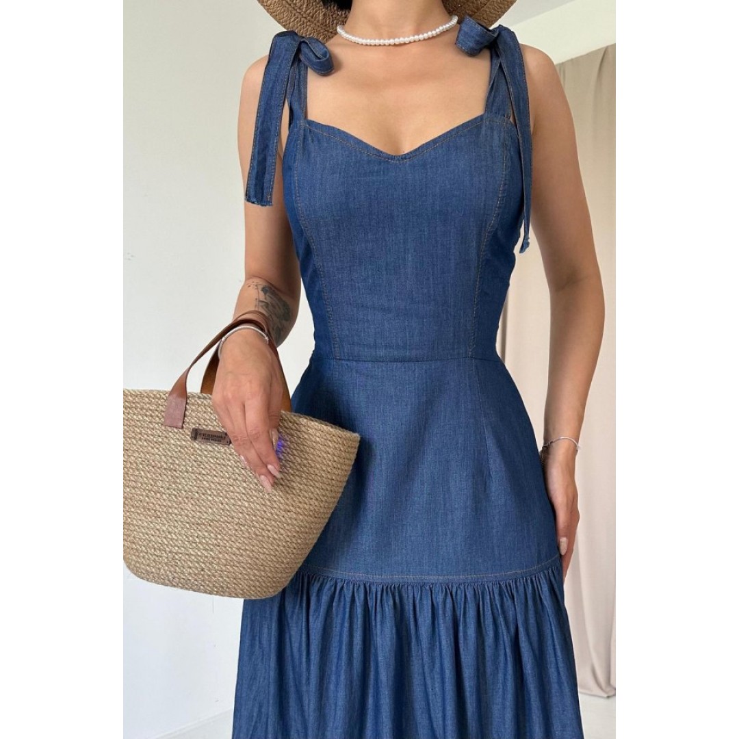Mavi Tencel Bağlamalı Askılı Elbise - 153502 Mavi Tencel Bağlamalı Askılı Elbise - 153502