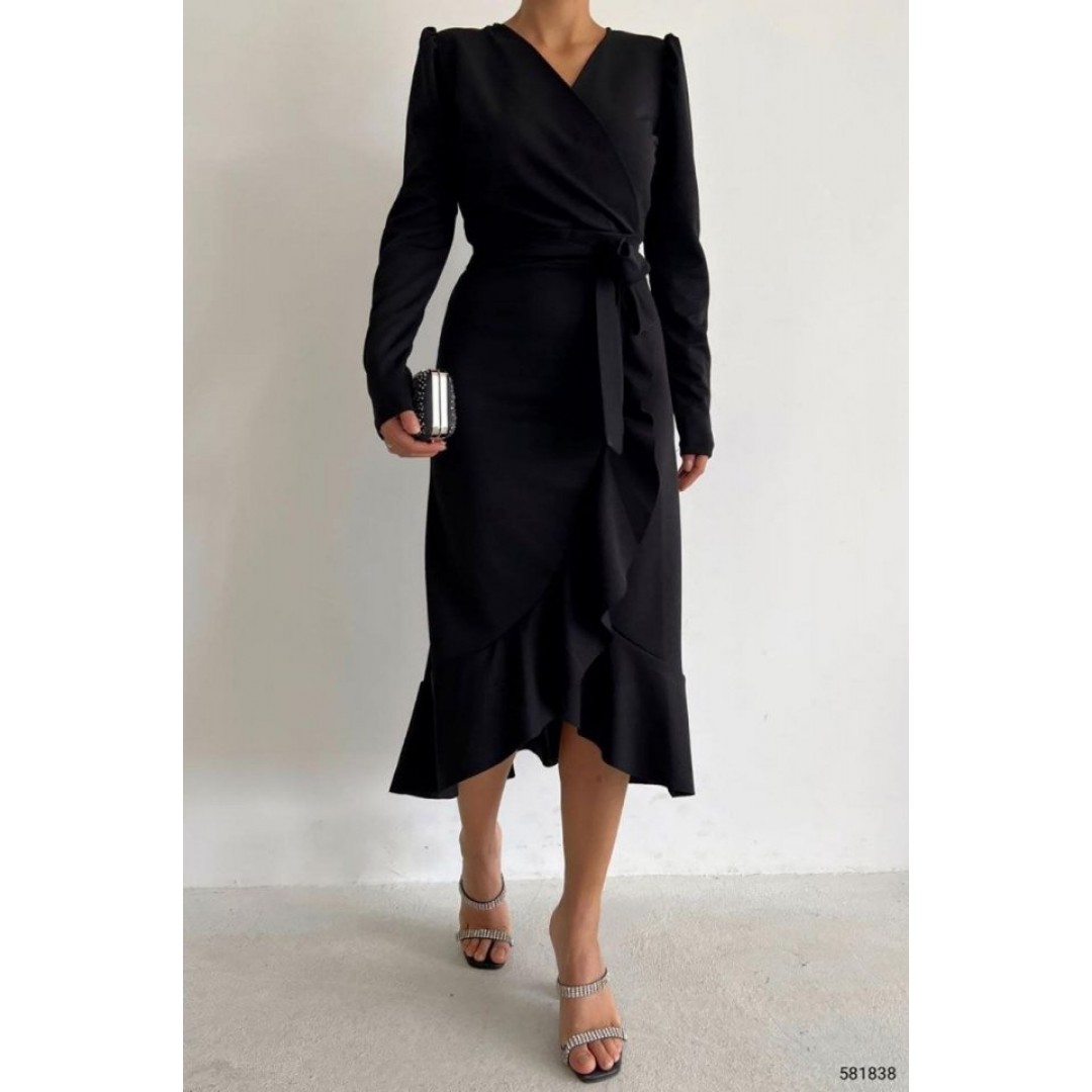 Krep Kumaş Midi Boy Kuşaklı Uzunkol Elbise 113 Cm - 42673 Krep Kumaş Midi Boy Kuşaklı Uzunkol Elbise 113 Cm - 42673