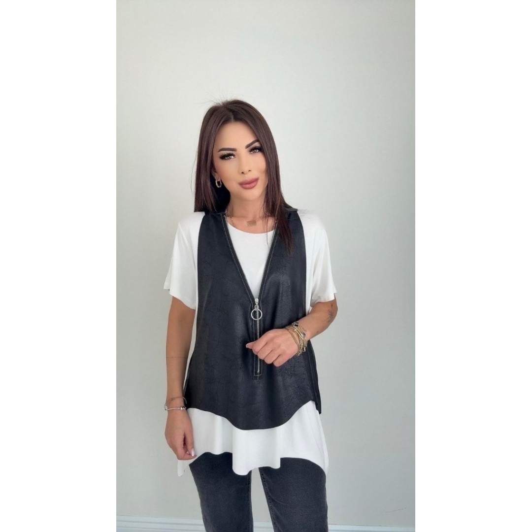 Kadın Kısa Kollu Yuvarlak Yaka Viskon Bluz + Kolsuz Fermuarlı çatlak Deri Yelek 163415 Kadın Kısa Kollu Yuvarlak Yaka Viskon Bluz + Kolsuz Fermuarlı çatlak Deri Yelek 163415