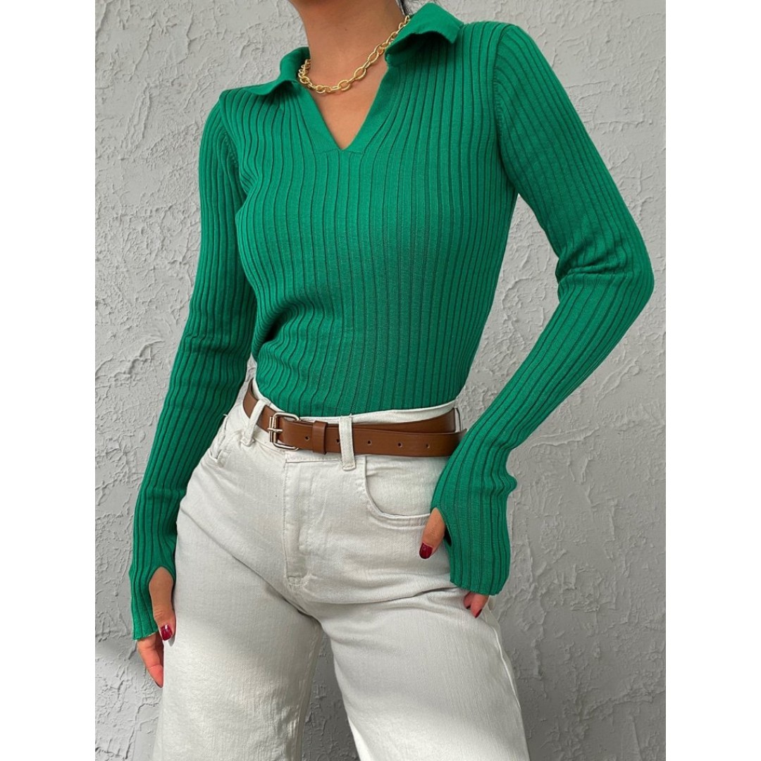 Kadın Yeşil Polo Yaka Parmak Detay Triko Bluz 2047 135562 Kadın Yeşil Polo Yaka Parmak Detay Triko Bluz 2047 135562