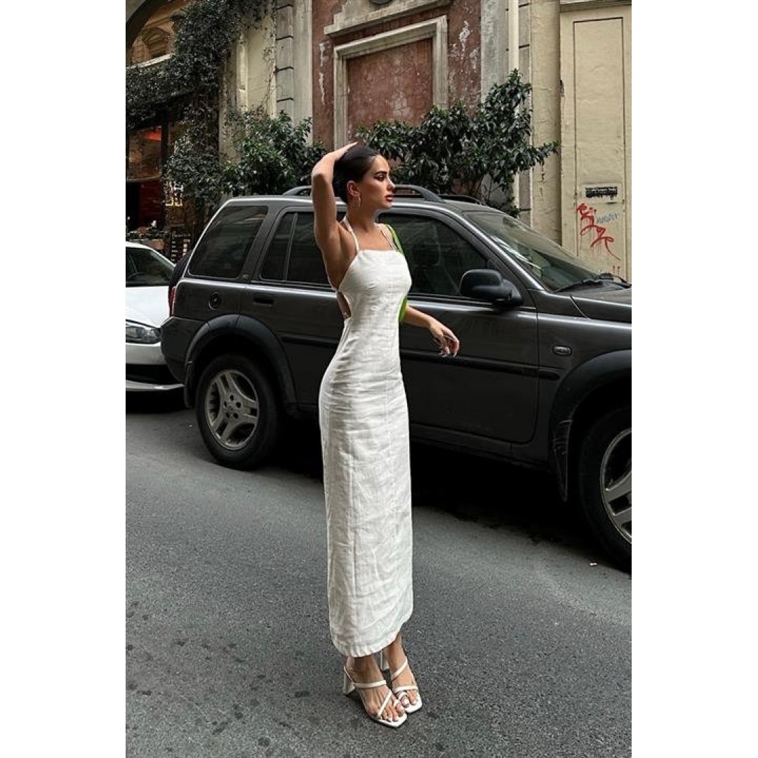 Trisha Sırt Dekolteli Keten Elbise 2496-20 ELBİSE 155833