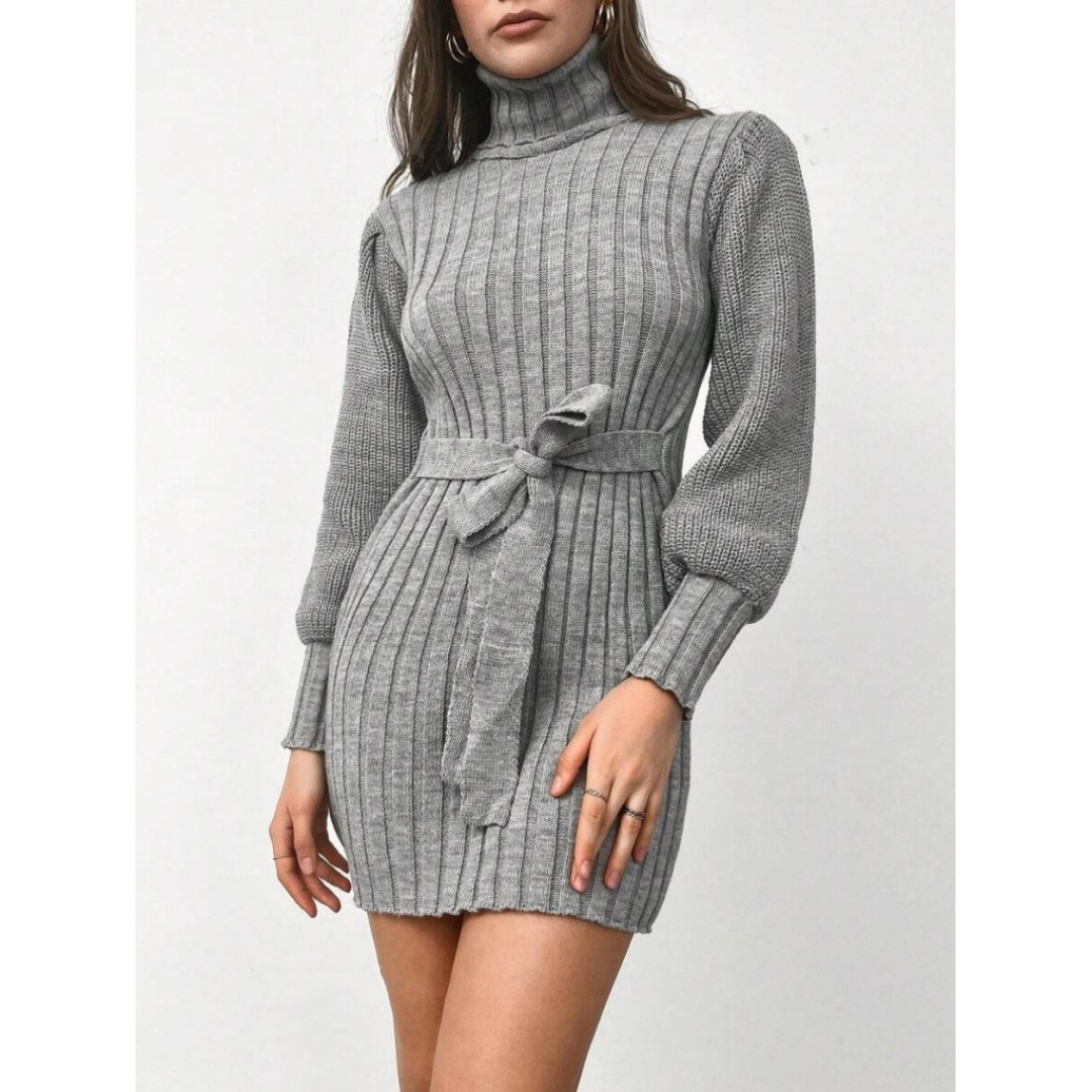 Kadın Uzun Kollu Balıkçı Yaka Beli Kuşaklı Mini Triko Elbise - 95094 Kadın Uzun Kollu Balıkçı Yaka Beli Kuşaklı Mini Triko Elbise - 95094
