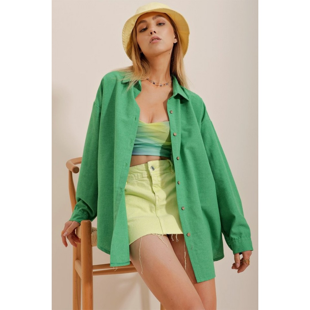 Kadın Keten Kumaş Oversize Gömlek - 159583 Kadın Keten Kumaş Oversize Gömlek - 159583