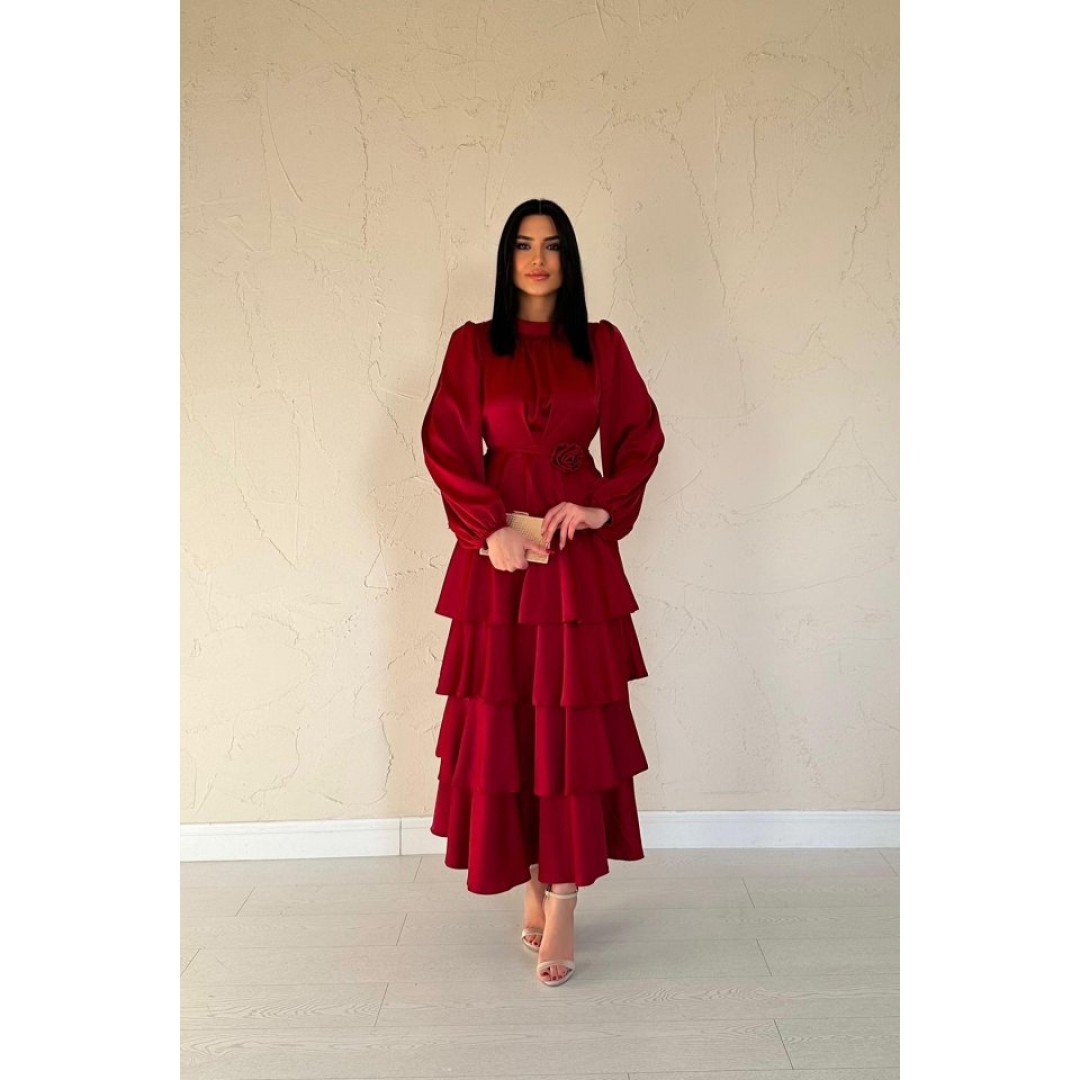 Bordo Saten Büzgülü Kat Kat Elbise 163221 Bordo Saten Büzgülü Kat Kat Elbise 163221