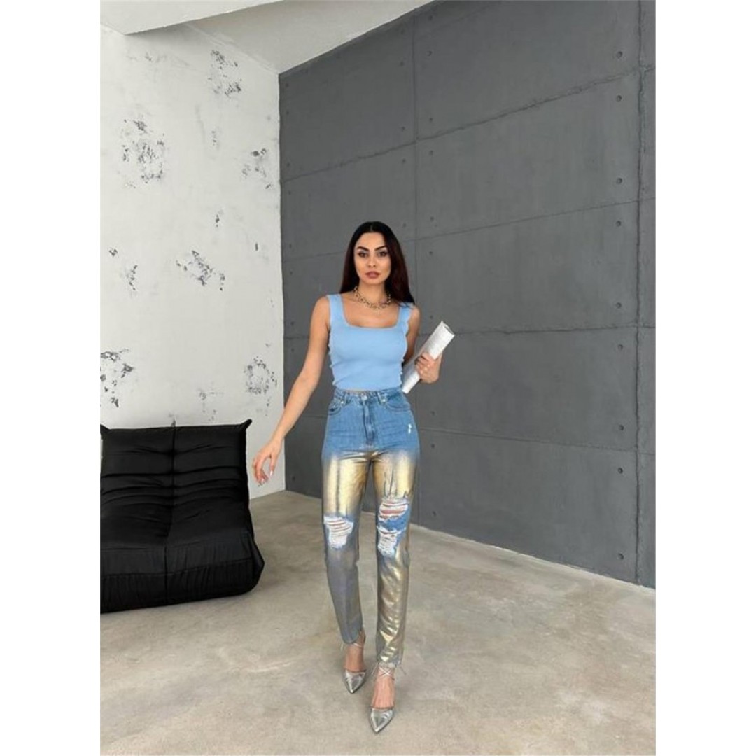 DİZ YIRTIK VARAKLI MOM KOT PANTOLON - Gold