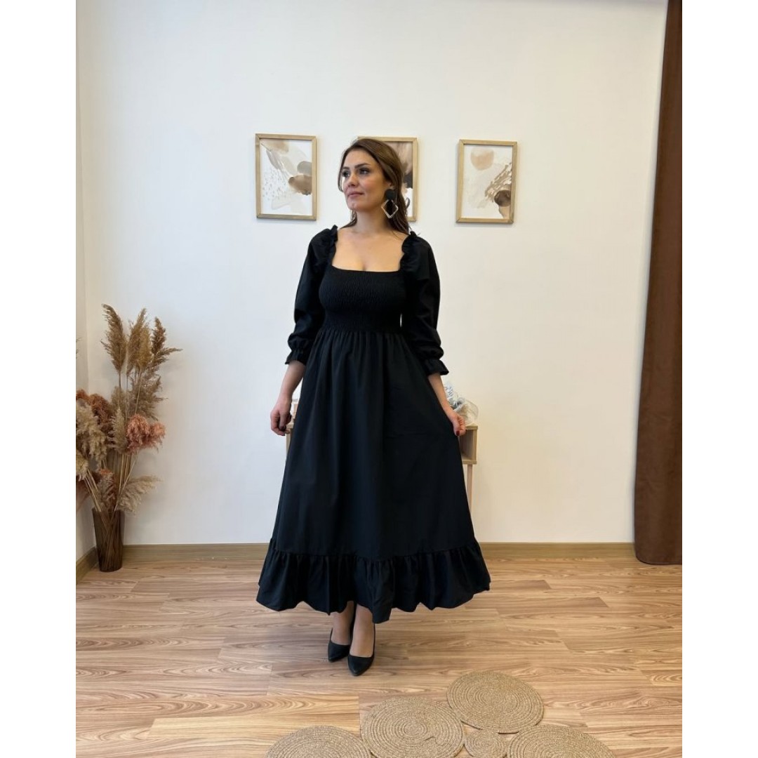 Kadın Uzun Kollu Kare Yakalı Gipeli Uzun Trikoton Elbise - 135191 Kadın Uzun Kollu Kare Yakalı Gipeli Uzun Trikoton Elbise - 135191