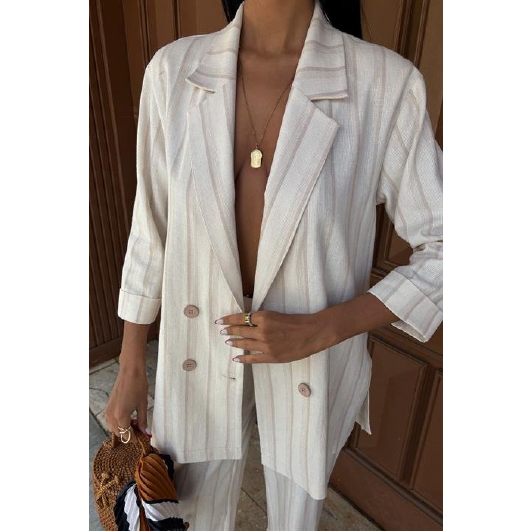 Blazer Ceketli Çizgili Keten Takım 10186 159435
