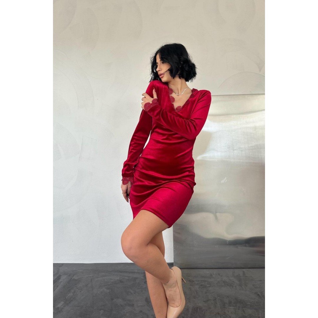 Kırmızı Yaka Ve Kol Dantelli Mini Elbise - 151734 Kırmızı Yaka Ve Kol Dantelli Mini Elbise - 151734
