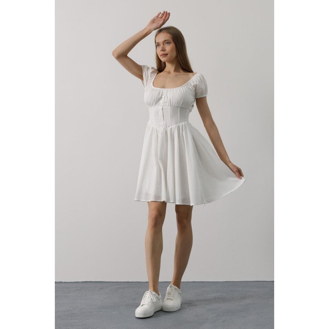 Beli Korseli Mini Elbise - Beyaz - 162835 Beli Korseli Mini Elbise - Beyaz - 162835