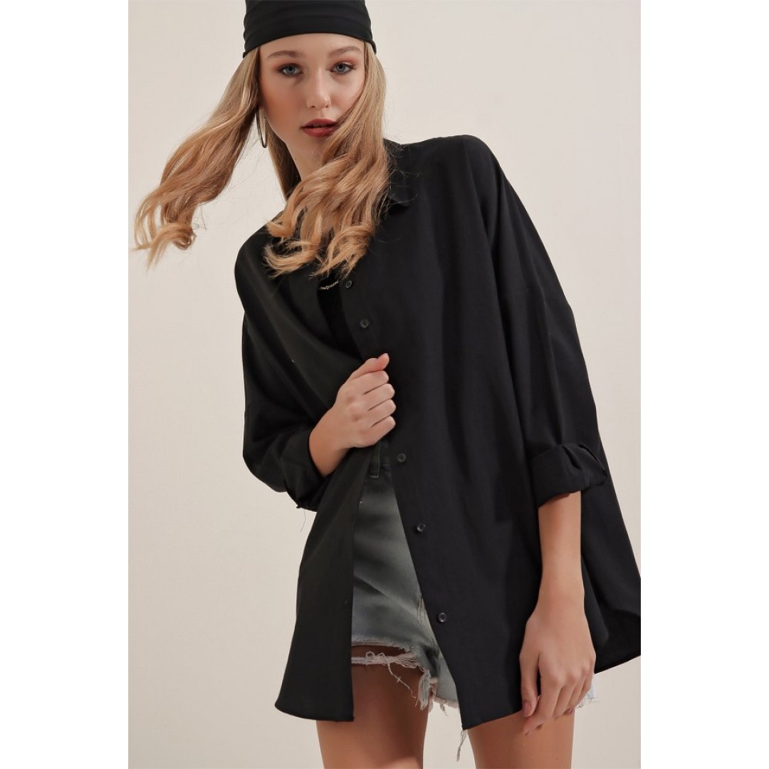 3900 Oversize Uzun Basic Gömlek - Siyah 90093 3900 Oversize Uzun Basic Gömlek - Siyah 90093